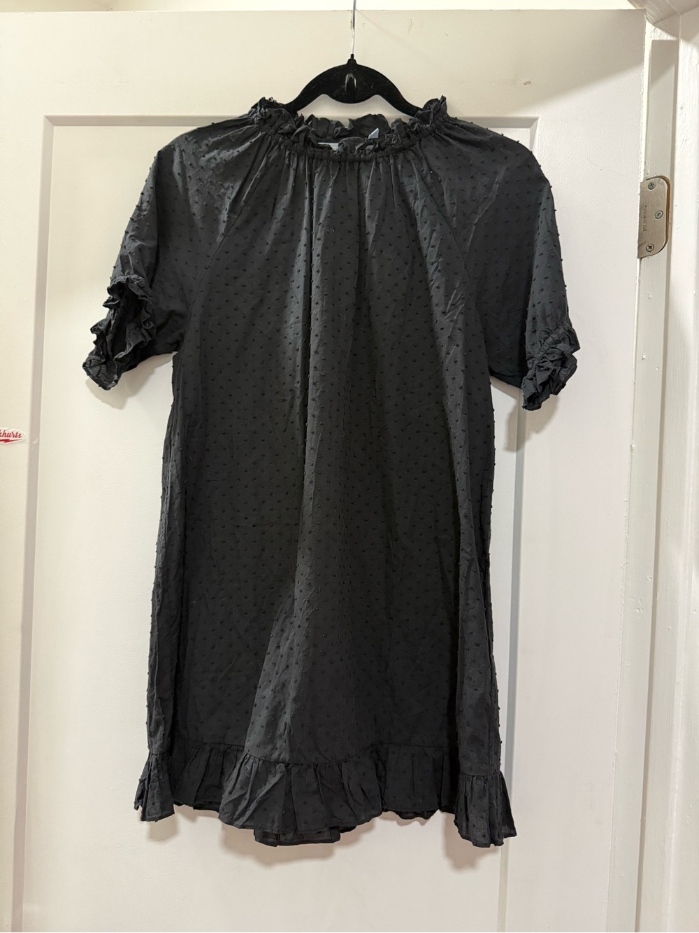 Black Swiss Dot Ruffle-Trim Short Sleeve Dress